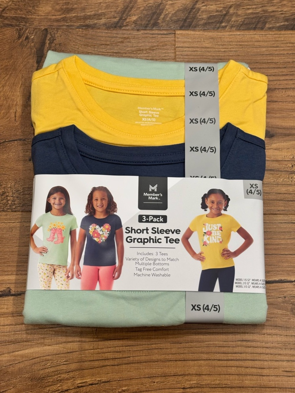 Member’s MarkGirls' 3-Pack Short Sleeve Graphic Tee - Yellow, Navy, Mint Size XS